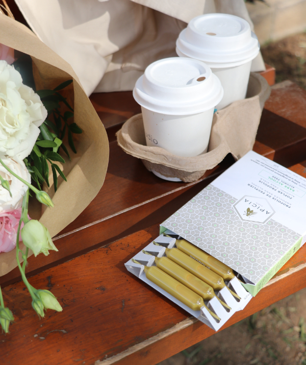 Bench with 2 coffee cups and propolis